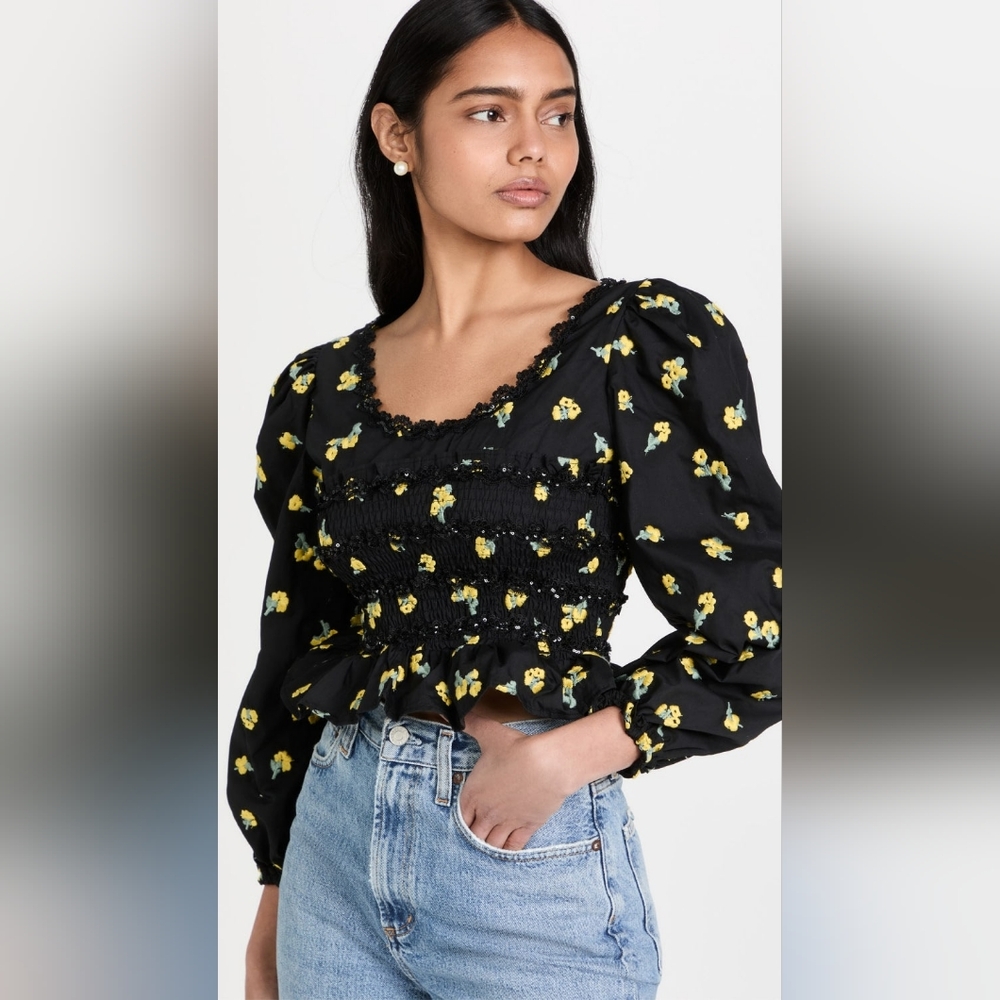 Sister Jane PASTURE TOP Floral Black Smocked Women's Top Size S $168